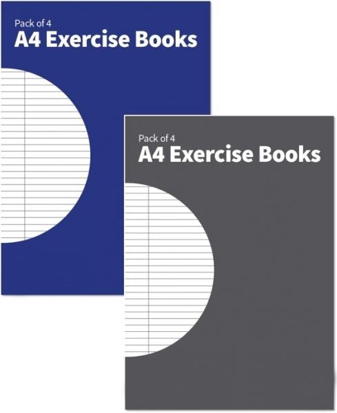PACK OF 4 ASSORTED COLOURS A4 EXERCISE BOOKS. P1001